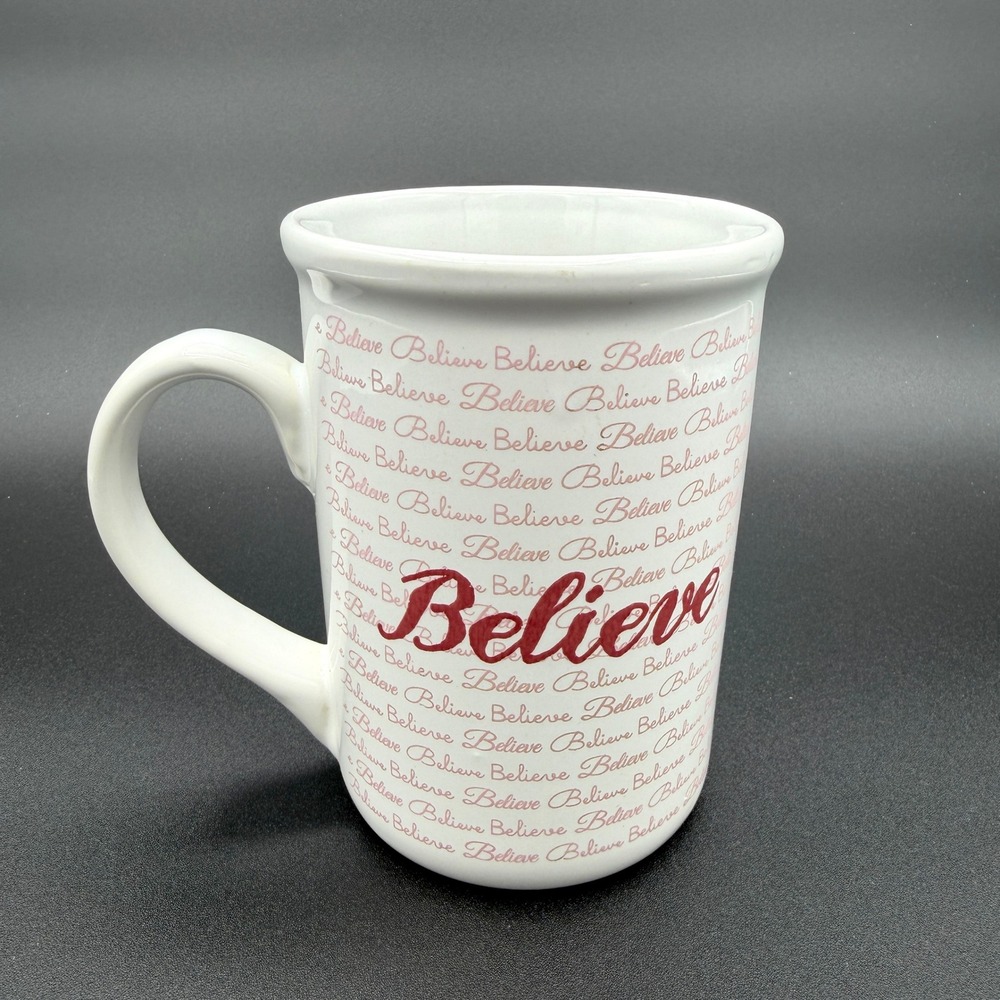 Gibson Home Believe Coffee Mug White Red Pink Script Inspirational Ceramic Cup